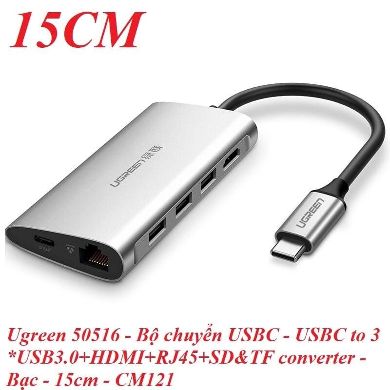 Ugreen UG50516CM121TK 15CM màu Bạc Bộ chuyển đổi TYPE C sang 3 USB 3.0 + HDMI + LAN + TF SD + nguồn TYPE C vỏ nhôm - HÀNG CHÍNH HÃNG