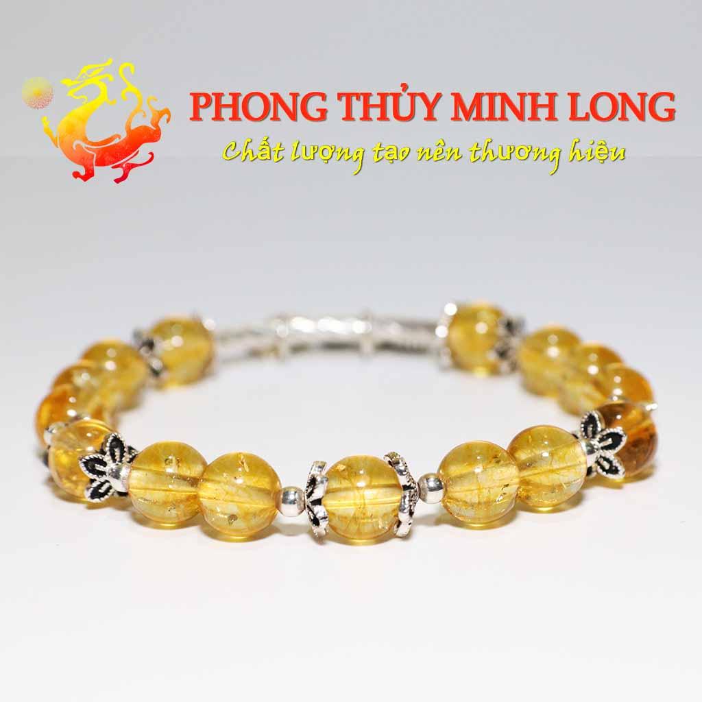 Vòng tay đá Thach Anh Vàng chất lượng 5A Mix túi tiền lá bạch dương bạc nhỏ xinh hợp mệnh Thổ và Kim