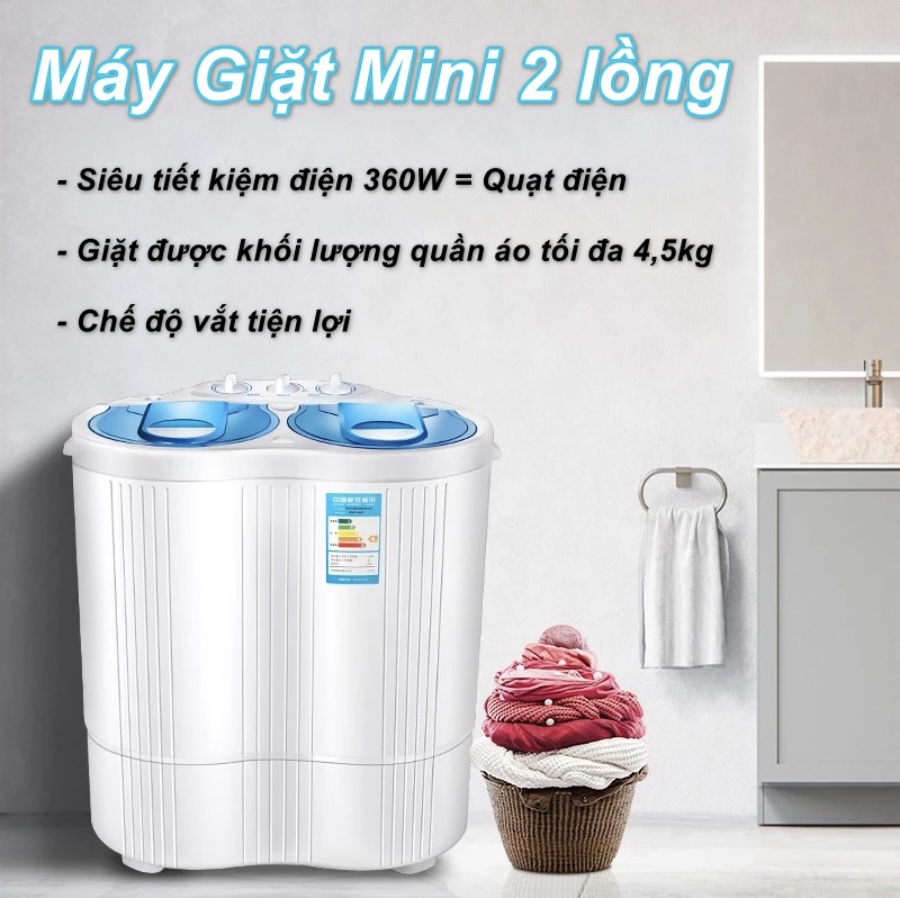 Máy Giặt Mini 2 Lồng 4,5kg có chức năng vắt khô