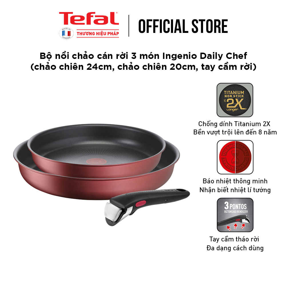 Bộ nồi chảo cán rời 3 món Tefal Ingenio Daily Chef (chảo chiên 22cm, chảo chiên 26cm, tay cầm rời) - Hàng chính hãng