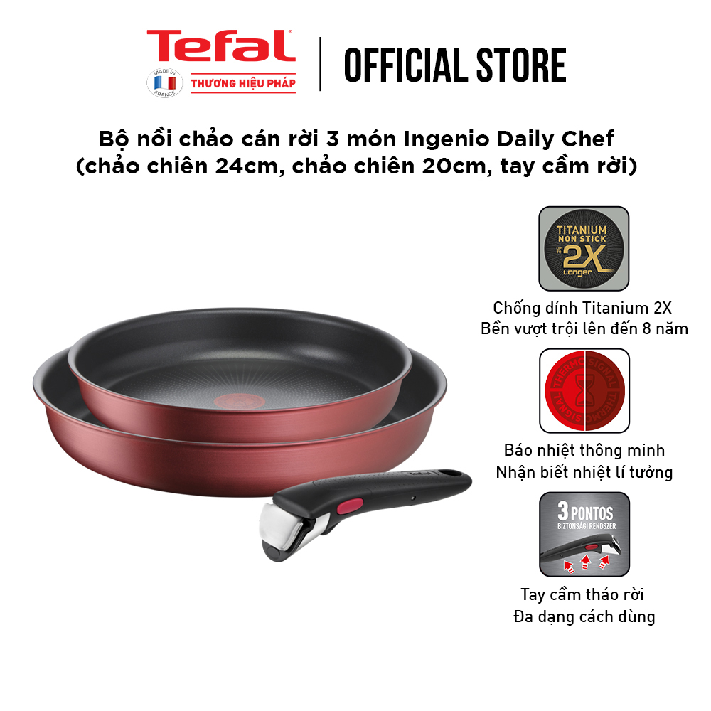 [Made in France] Bộ nồi chảo cán rời 3 món Tefal Ingenio Daily Chef (chảo chiên 22cm, chảo chiên 26cm, tay cầm rời) - Hàng chính hãng