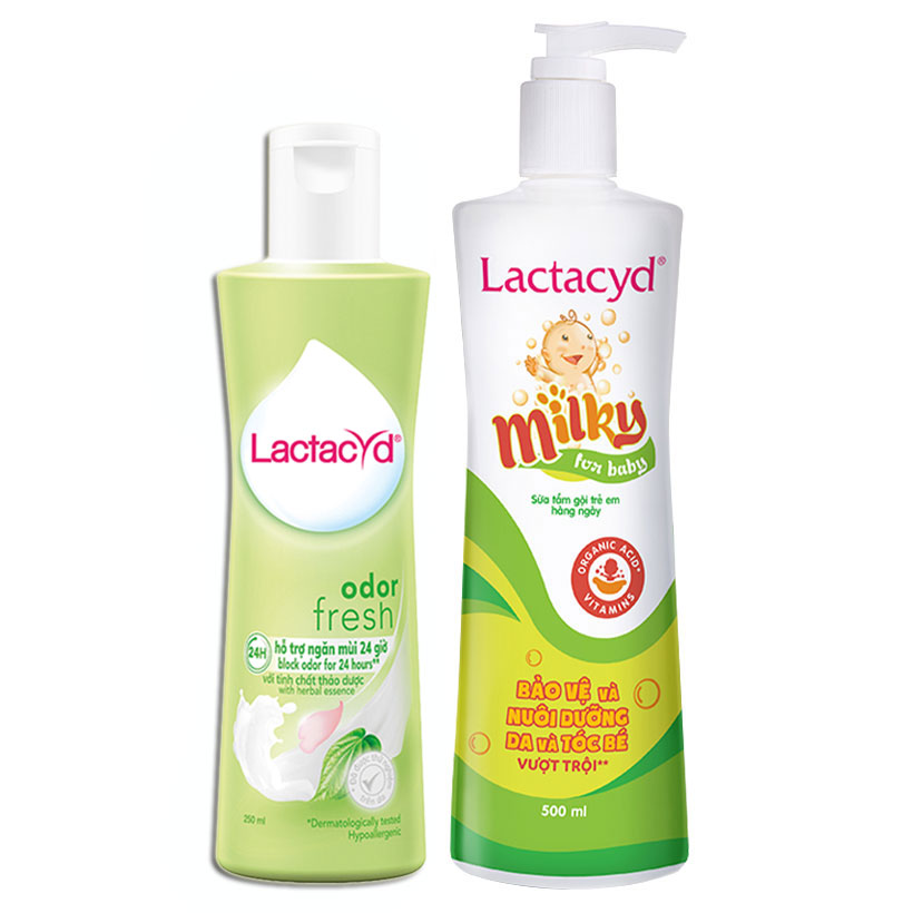 Bộ Dung Dịch Vệ Sinh Phụ Nữ Lactacyd Odor Fresh Ngăn Mùi 24H 250ml + Sữa Tắm Gội Trẻ em Lactacyd Baby Extra Milky 500ml