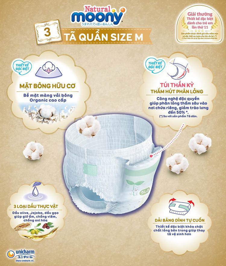 COMBO 2 Bỉm - Tã quần Moony Natural size M 46 miếng (Cho bé 5 - 10kg)