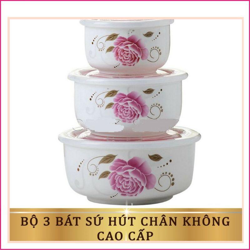 Bát sứ bộ 3 họa tiết hoa hồng sang trọng, có nắp đậy chống nóng được làm bằng sứ