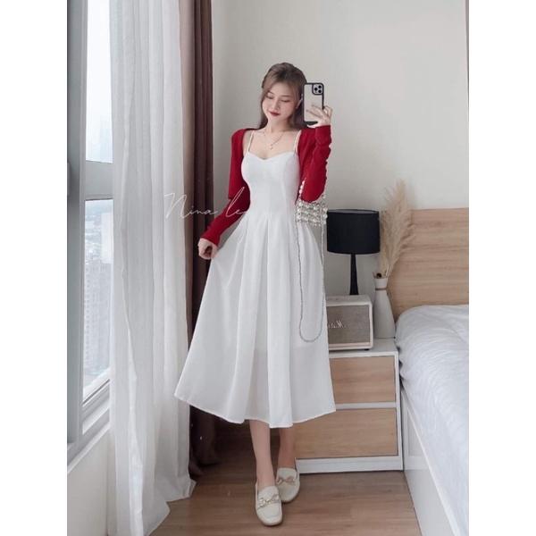 SET ĐẦM XẾP LY 2S VỚI ÁO KHOÁC ĐỎ CROPTOP