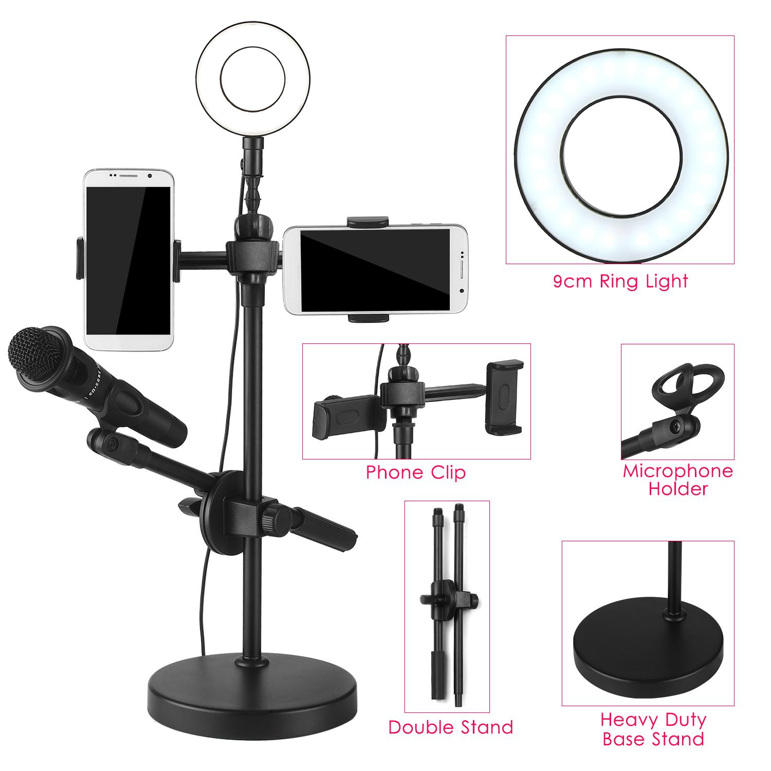 Đèn vòng tự sướng với giá đỡ điện thoại và đế micrô 3 chế độ ánh sáng 9 mức độ sáng cho video phát trực tiếp
