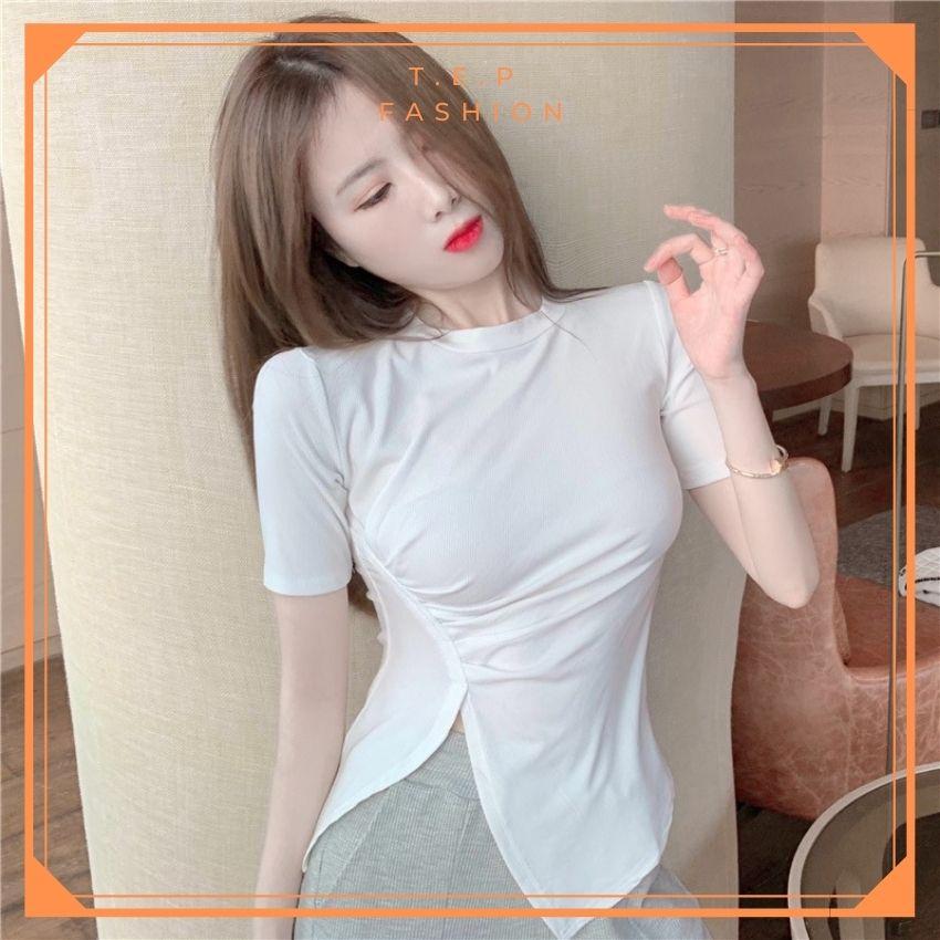 Áo Phông Nữ Ngắn Tay Cổ Tròn Nhún Eo Xẻ Tà Cách Điệu Tep Fashion - AP009