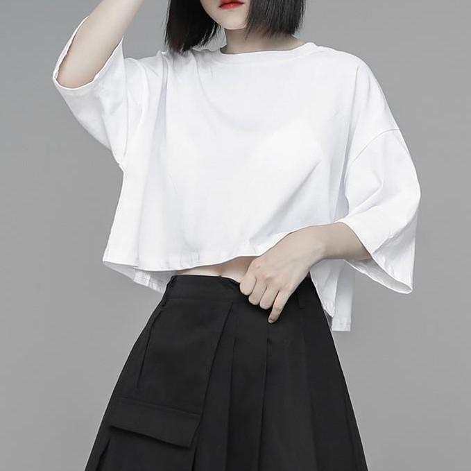 Áo thun croptop form rộng tay lở Unisex màu trắng / đen CRA023