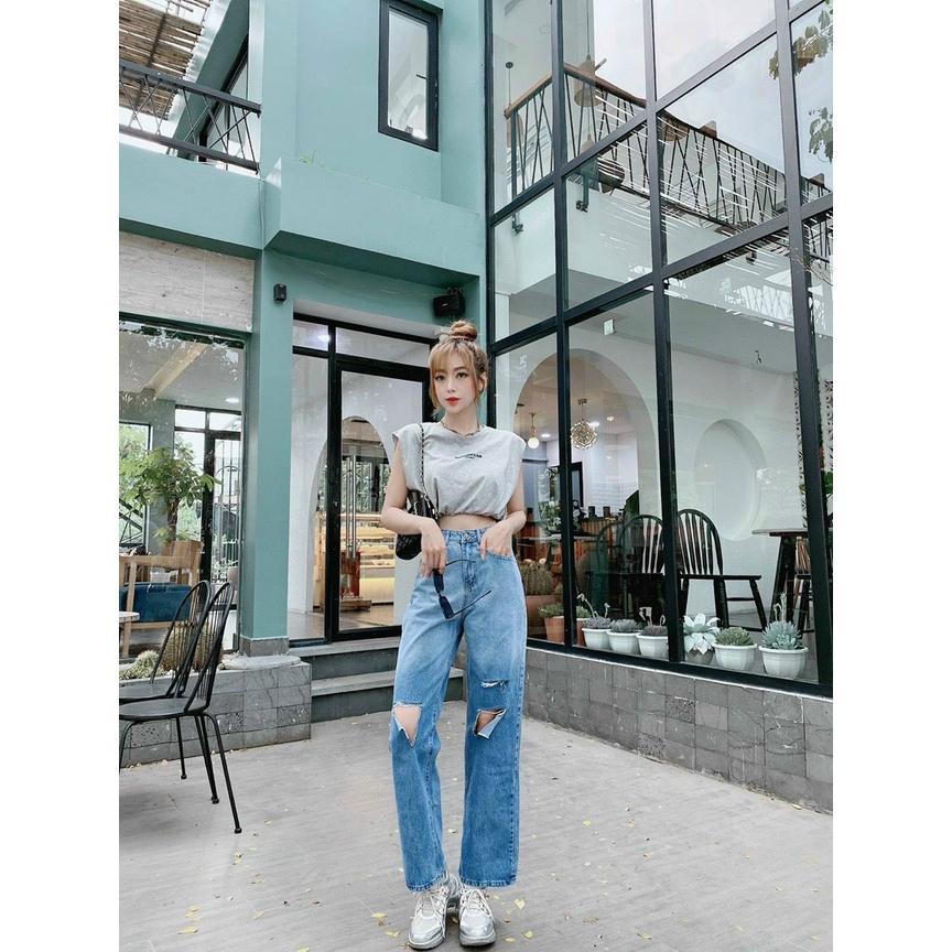 Quần Jean Nữ Ống Rộng Lưng Cao Rách Gối Phong Cách Ulzzang Năng Động, Chất Bò Dày Dặn 2 Màu Xanh Và Xám NB Stores