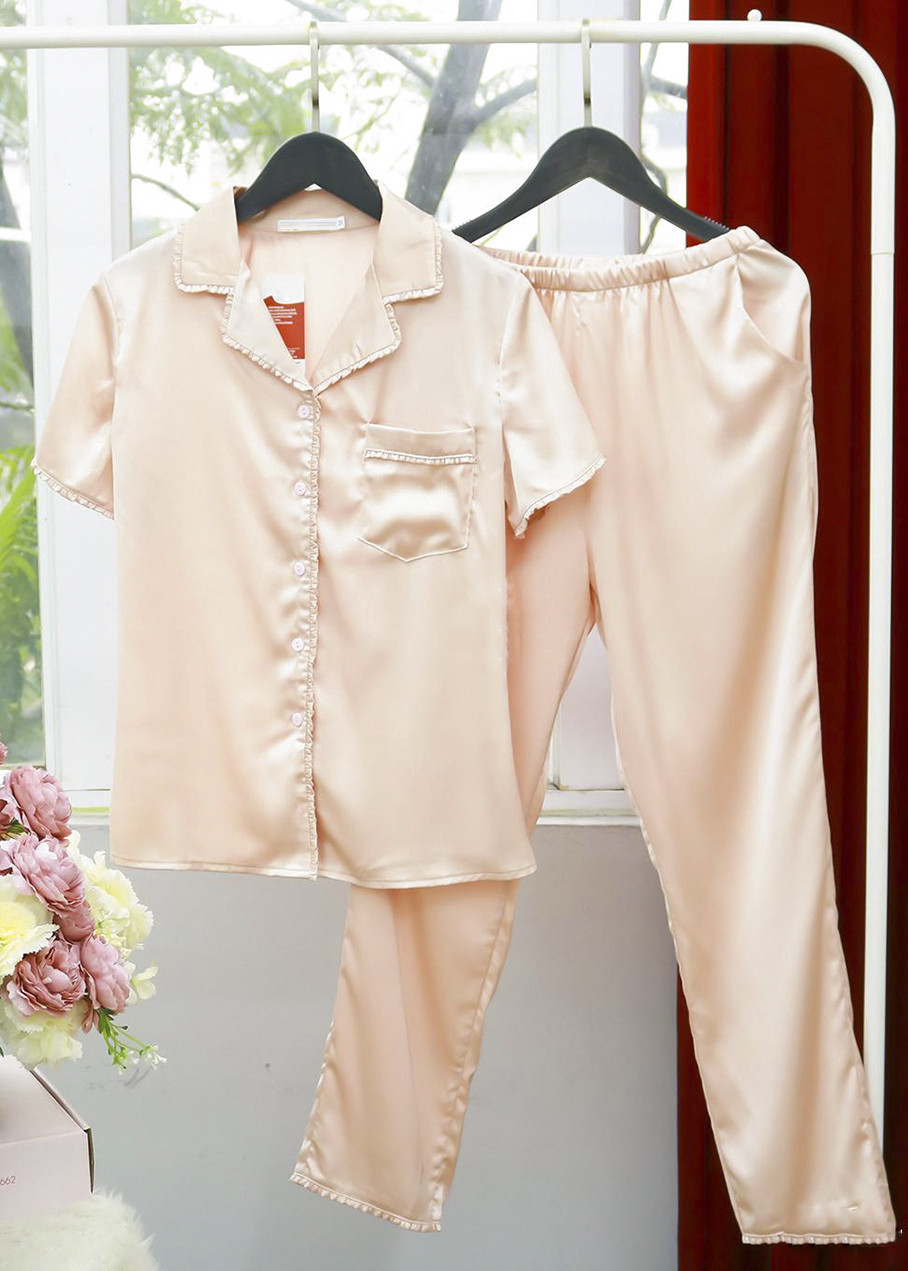 Bộ Đồ Nữ Mặc Nhà Pijama Lụa Trơn Cộc tay Quần Dài Phối Viền Bèo Màu Hồng Cam H177