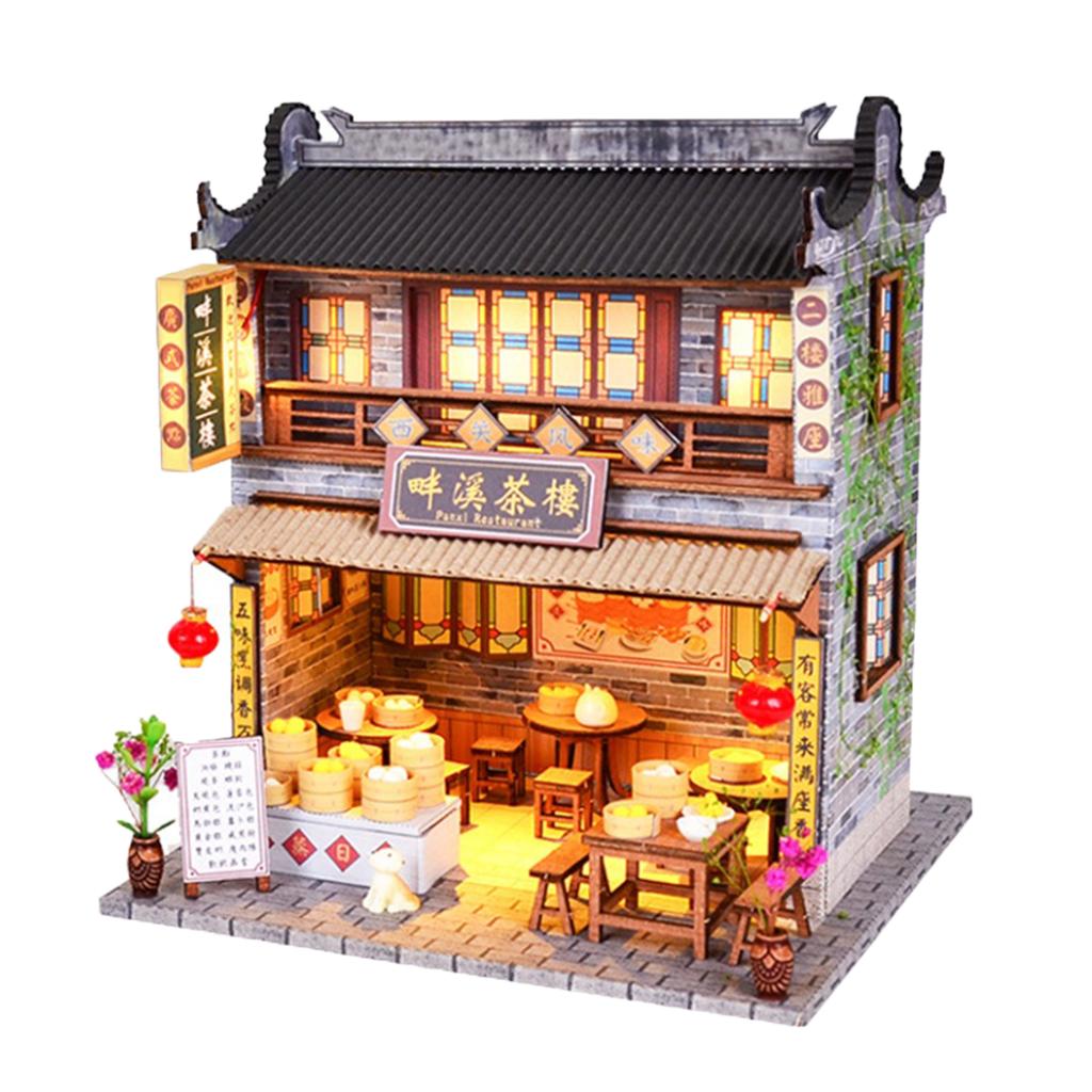 1/24 DIY Miniature Dollhouse Creative Teahouse with Furniture LED Lights Toy