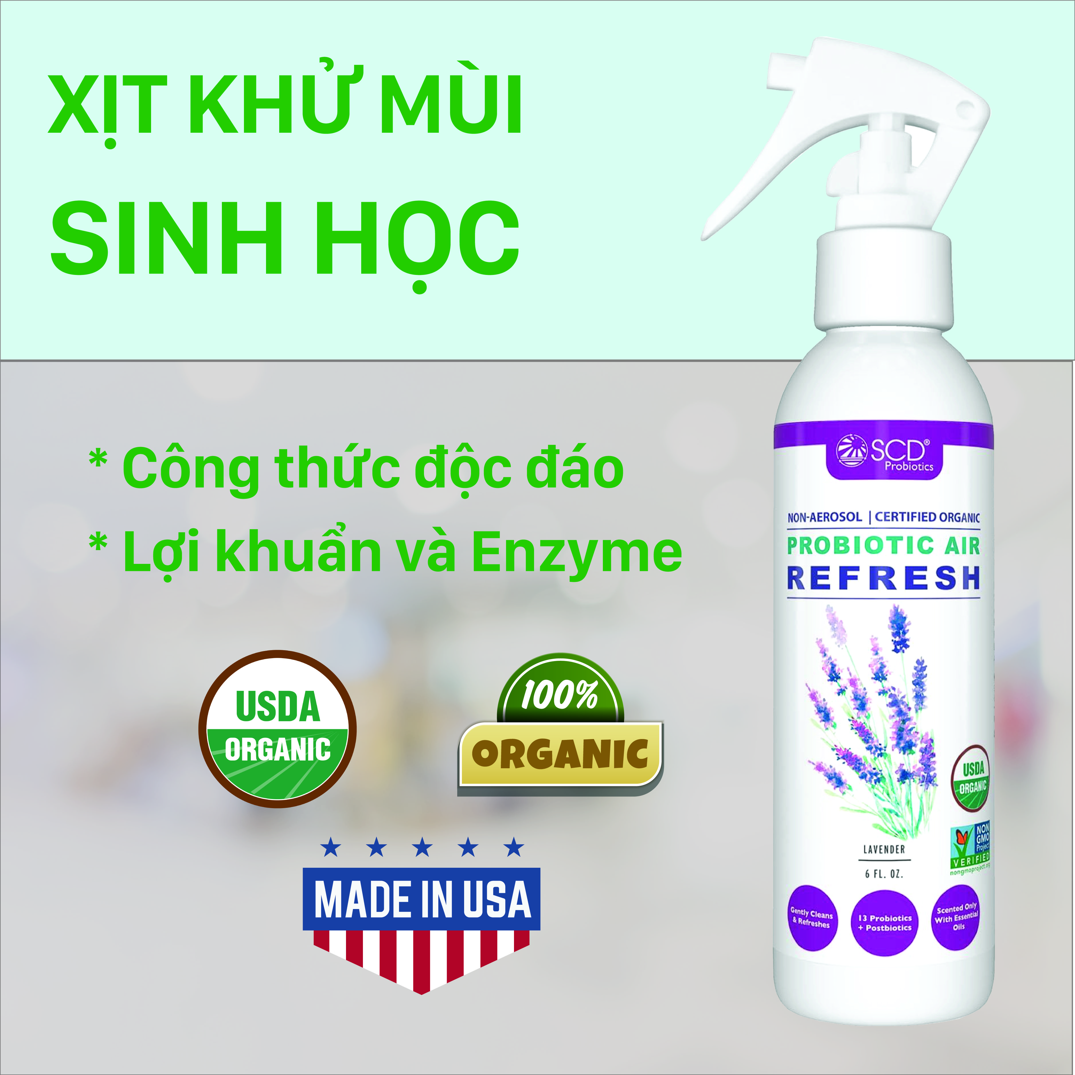 Chai xịt khử mùi Sinh học - Hương Lavender - 177ml - Probiotics Air Refresh (SCD Probiotics, USA) - Lavender - 6 FL. OZ.