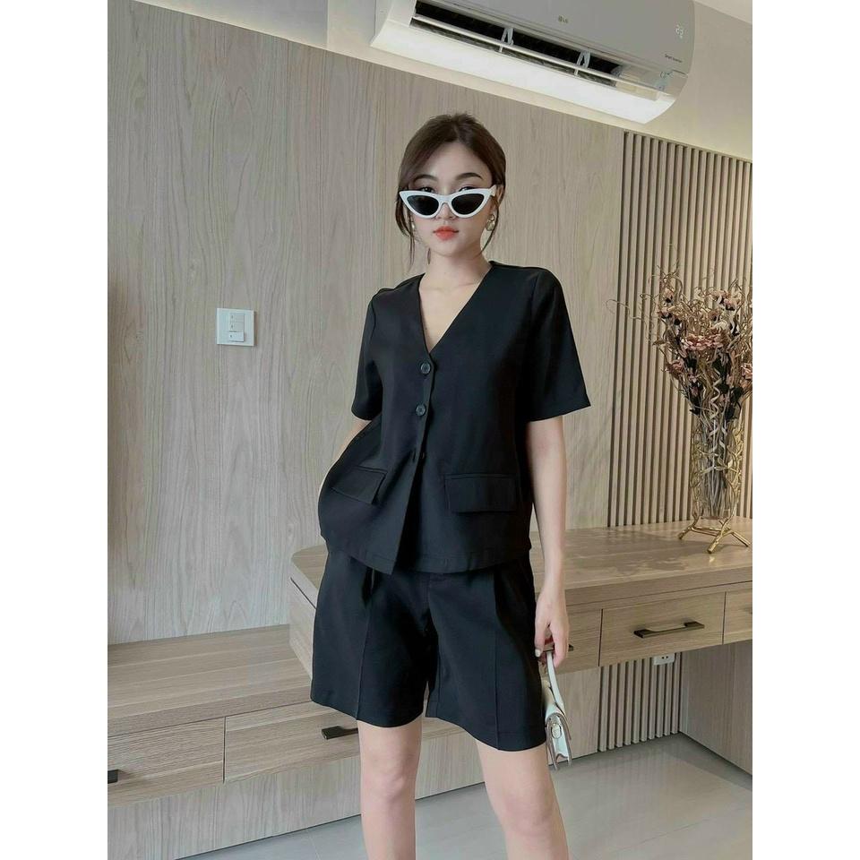 Set đồ nữ sang chảnh đi chơi đi biển Minh Phúc, bộ nữ áo tay ngắn cổ tim phối quần đùi phong cách thiết kế mới lạ