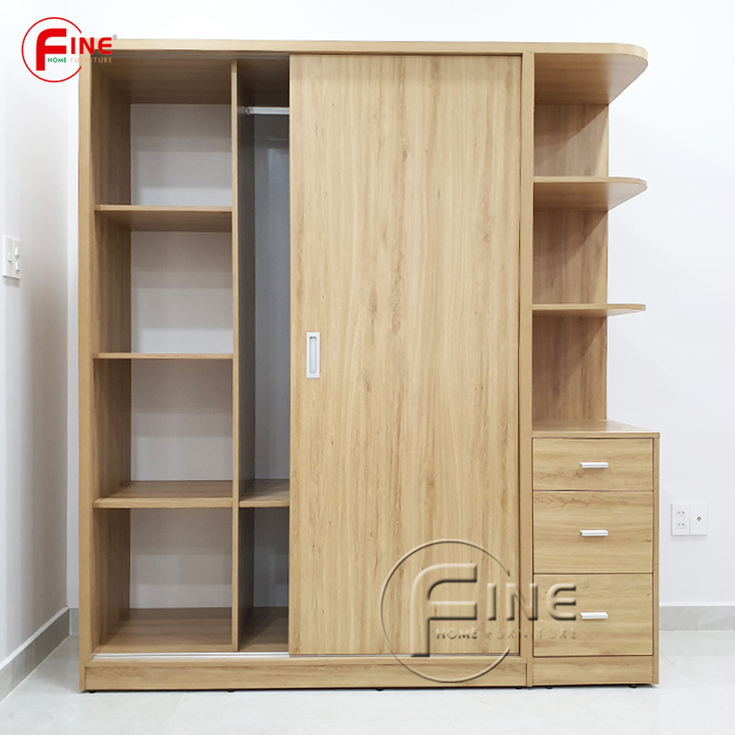 Tủ Quần Áo Cánh Cửa Lùa Cao Cấp FINE FT223F Kích Thước 1m8 Có 3 hộc kéo và kệ trưng bày tiện dụng