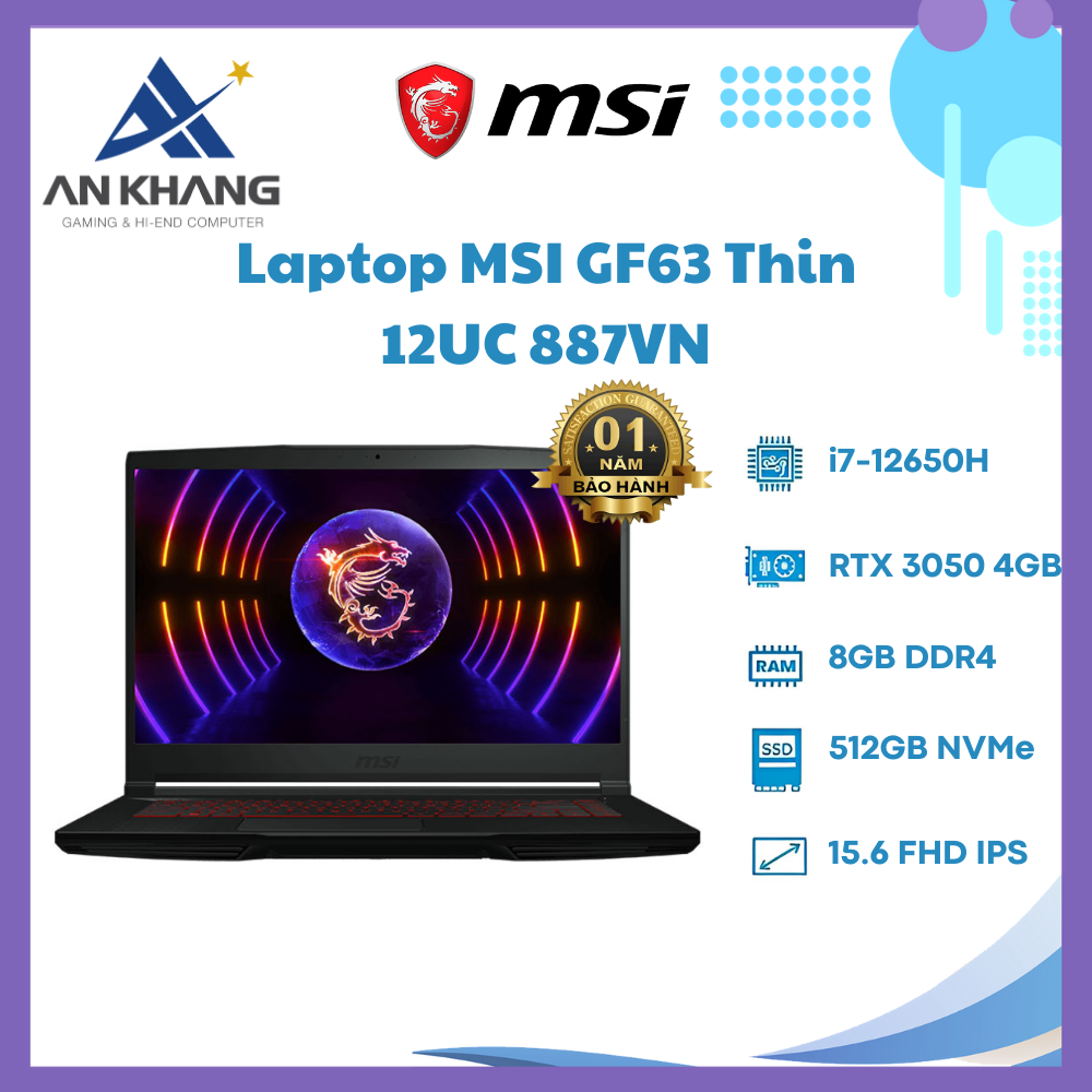 Laptop MSI Thin GF63 12UC 887VN (Core i7-12650H | 8GB | 512GB | RTX 3050 4GB | 15.6 inch FHD 144Hz | Win 11 | Đen) - Hàng Chính Hãng - Bảo Hành 12 Tháng