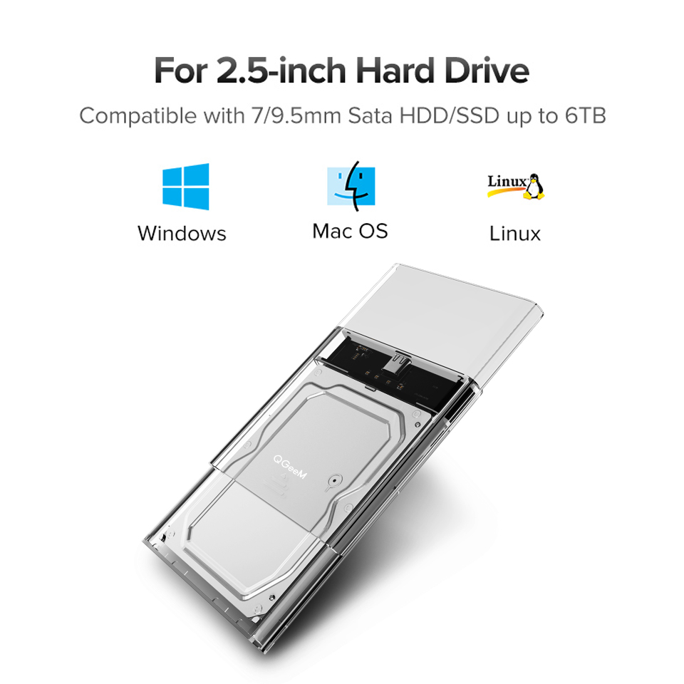 Hộp đựng ổ cứng HDD/SSD 2.5" QGeeM Gen2|cổng USB C/3.1, Type C to SATA|SATA I II III, PS4 hỗ trợ UASP tốc độ cao 6Gbps kèm cáp Type C to USB A-Hàng Chính Hãng