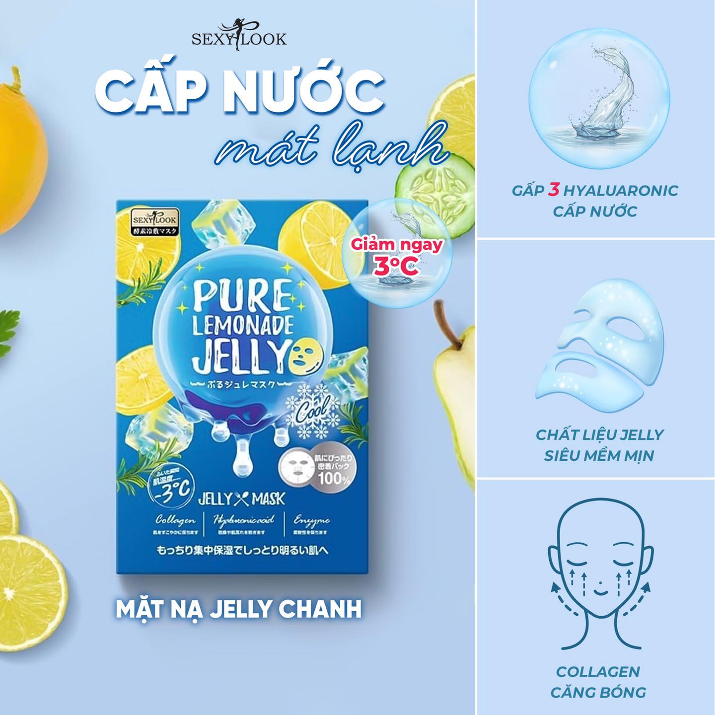 3 Miếng Mặt Nạ Sexylook Pure Lemonade Hydrating Cool Jelly Mask 38ml