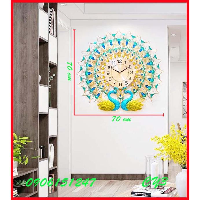 Đồng hồ treo tường trang trí decor chim công CY3 Khổng Tước xanh kích thước 70 x 70 cm