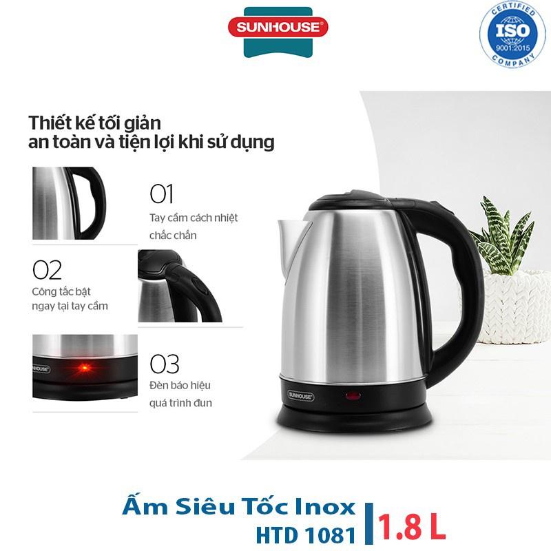 Ấm Siêu Tốc Đun Nước Inox Sunhouse Happy time HTD1081 - Dung tích 1.8L Chất Liệu Inox Cao Cấp, Bình Siêu Tốc Đun Nước