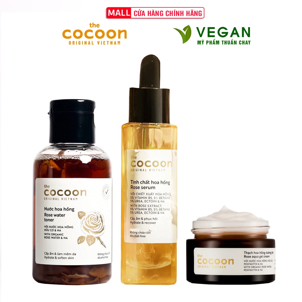 Combo cấp ẩm và phục hồi Cocoon: Nước hoa hồng 140ml + Tinh chất hoa hồng 30ml + Thạch hoa hồng dưỡng ẩm 30ml