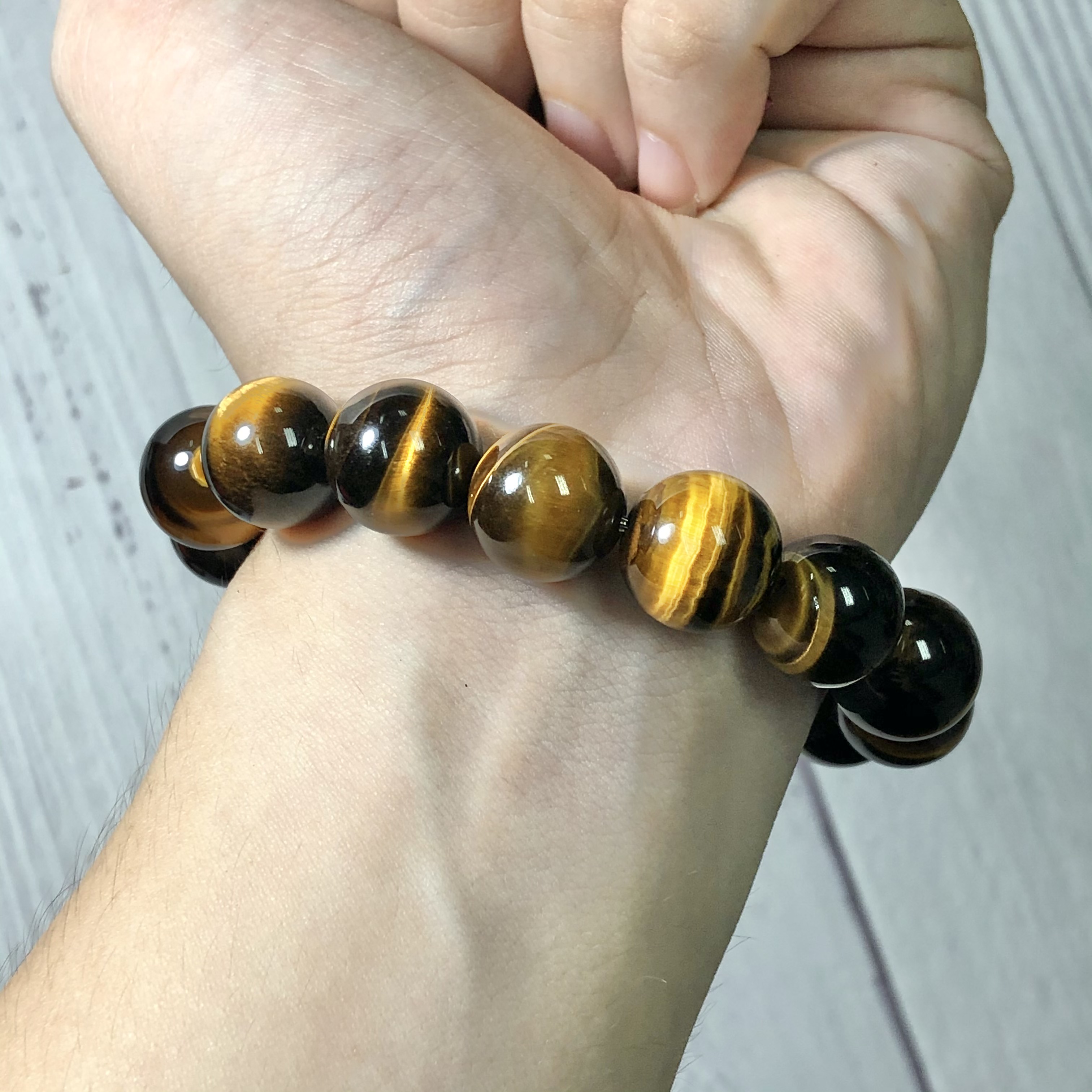 Vòng tay Thạch Anh Mắt Hổ vàng nâu 14mm mix tỳ hưu