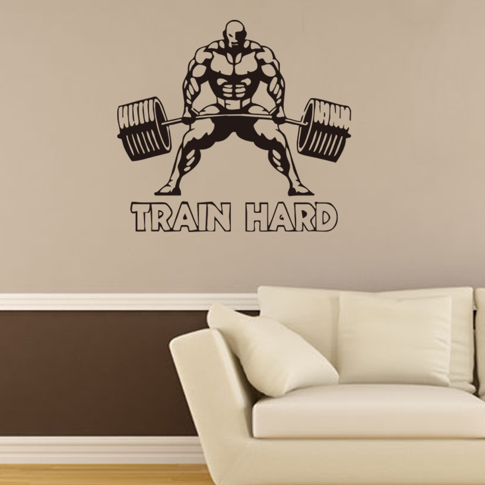 Decal Dán Tường Sticker Bodybuilding Gymer Gánh Tạ Train Hard Động Lực