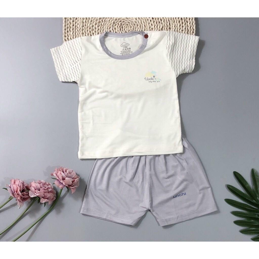 Bộ cộc tay cho bé trai bé gái Unchi thun lạnh petit cao cấp tay phối kẻ mềm mịn rẻ đẹp