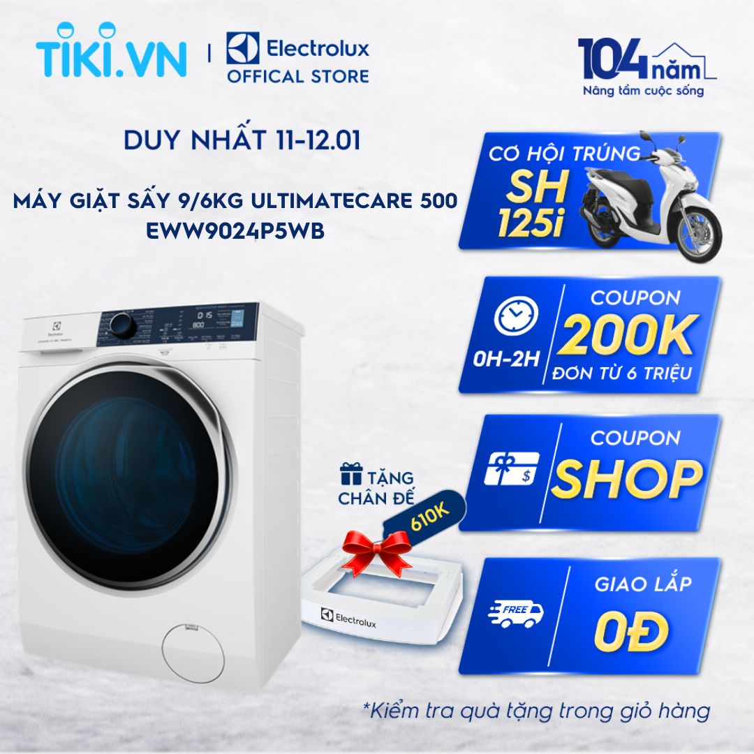 [Free Giao lắp] Máy giặt sấy Electrolux 9/6kg EWW9024P5WB - Diệt khuẩn tối ưu bằng hơi nước, không cặn giặt tẩy, tiết kiệm điện, êm dịu như giặt tay [Hàng chính hãng]