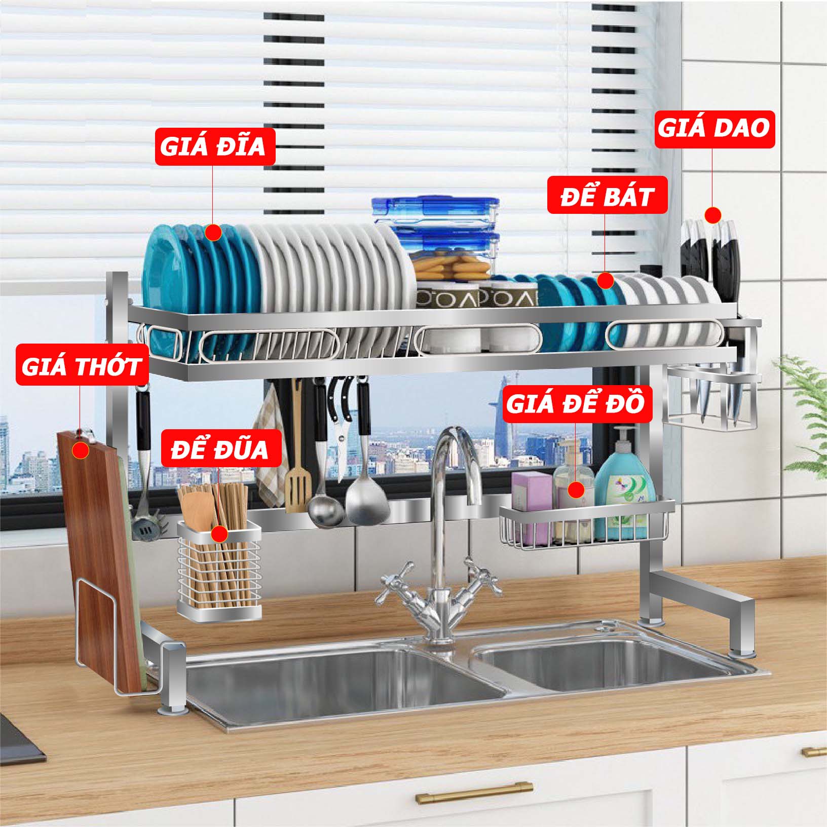 Kệ chén bát đa năng 1 tầng 66 cm dành cho bồn đơn  Foodcom bằng inox cao cấp không gỉ, giá để bát trên bồn rửa ráo nước cho nhà bếp sạch sẽ