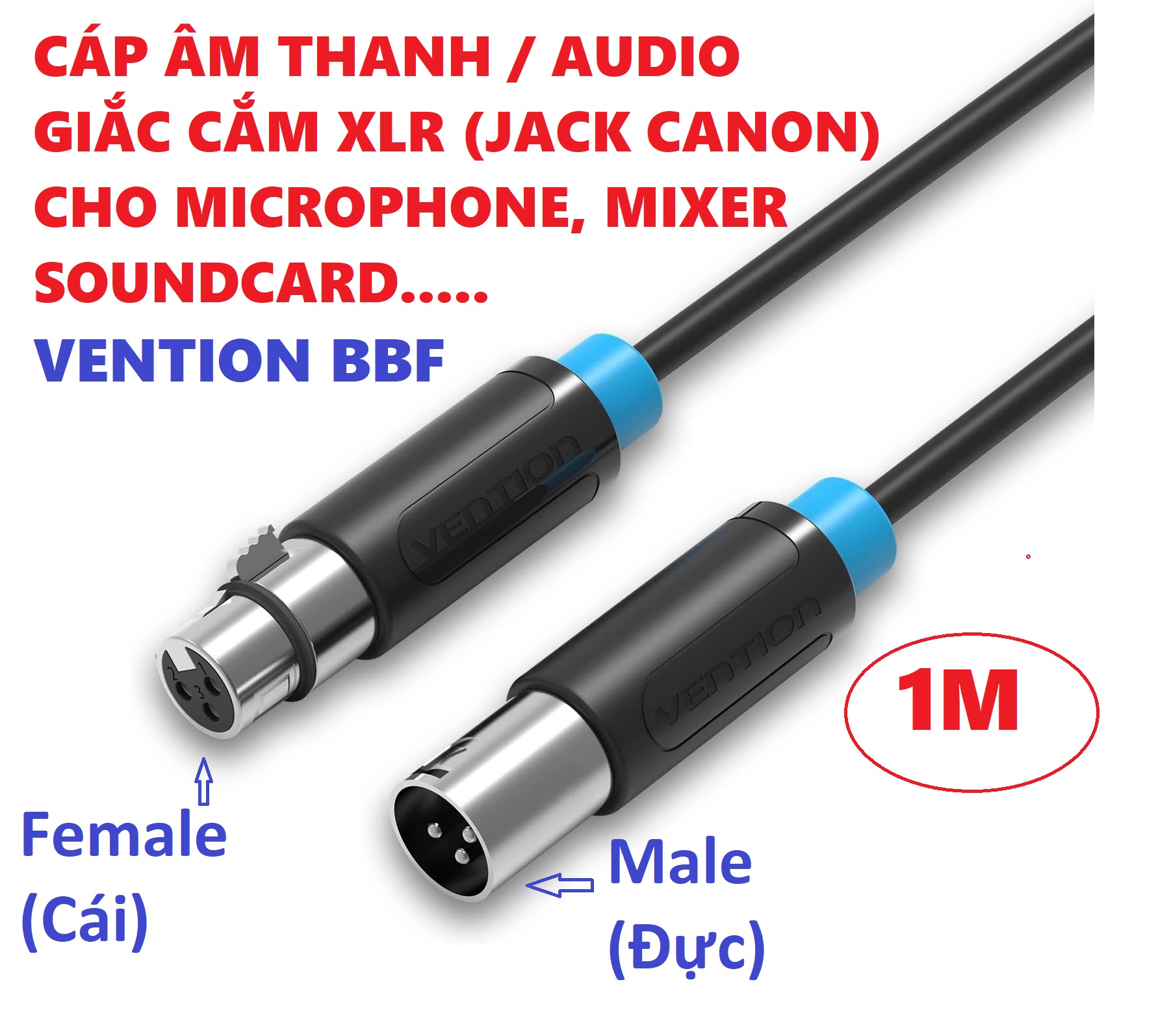 Dây cáp âm thanh giắc cắm XLR ( jack canon ) cho microphone mixer amply soundcard Vention BBF _  Hàng chính hãng