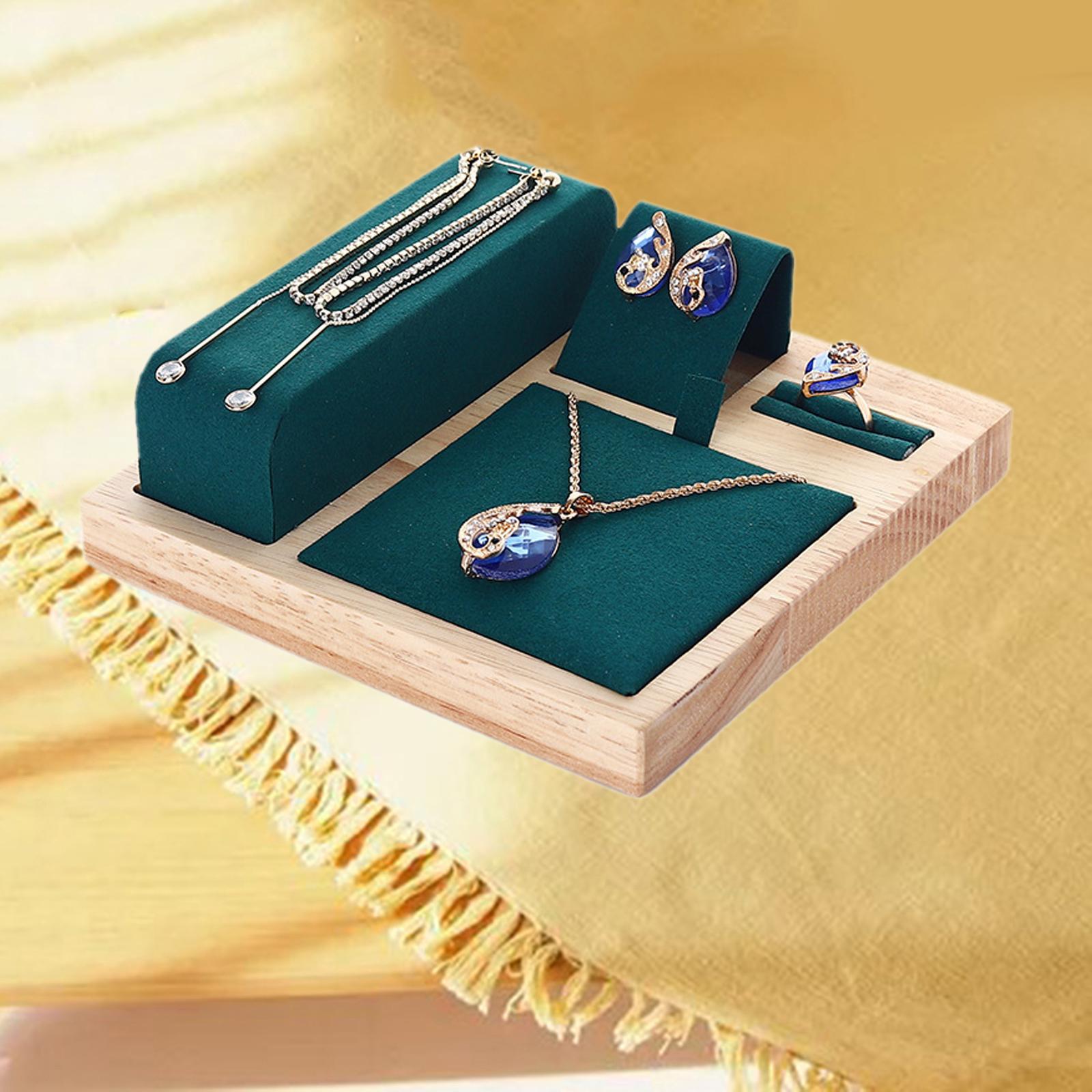 Wooden Velvet Jewelry Set Display Stand Necklace Earrings Holder Beige
