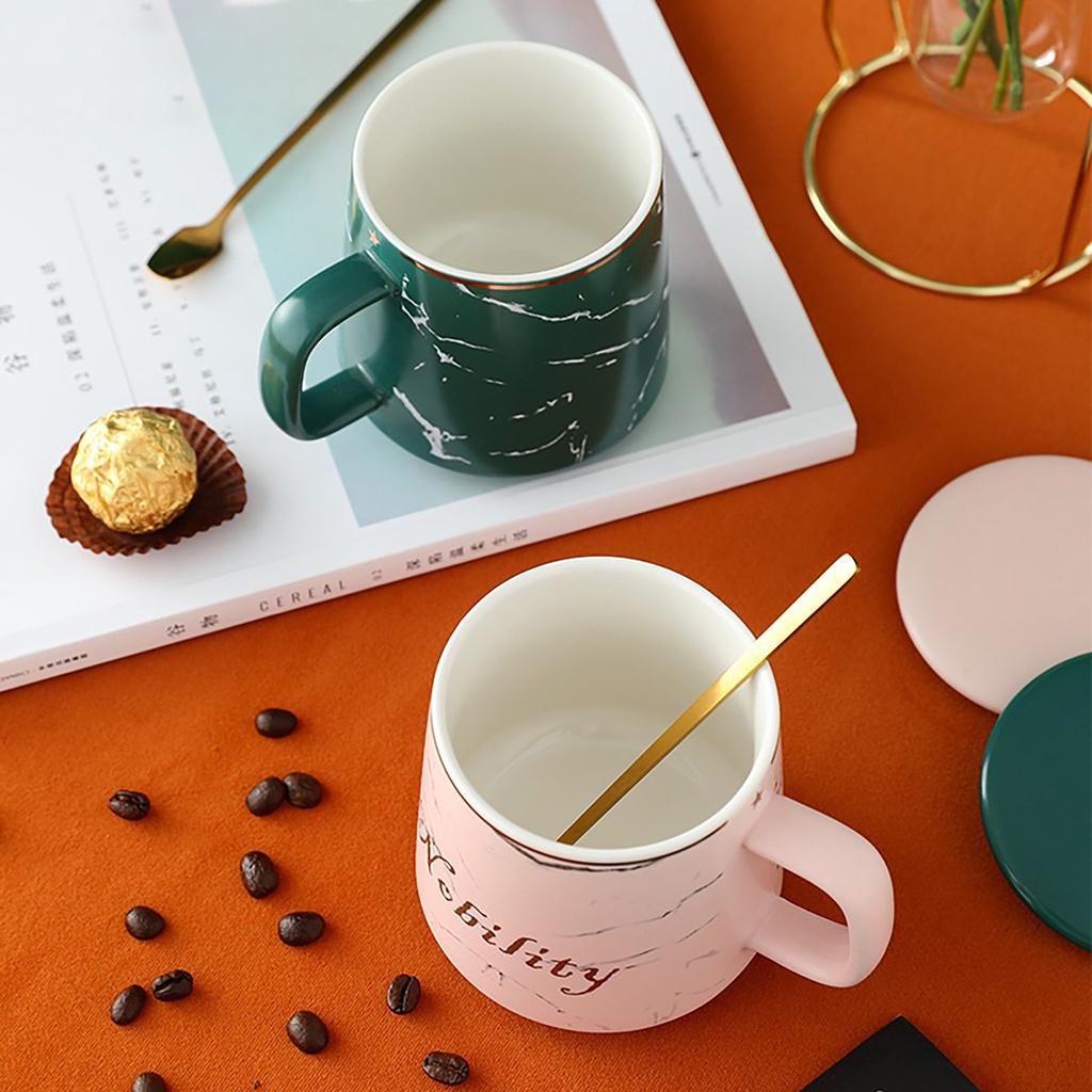 `Cốc uống nước thủy tinh, Ly nước có nắp, cute tết sang trọng kèm muỗng và nắp sứ 360ml