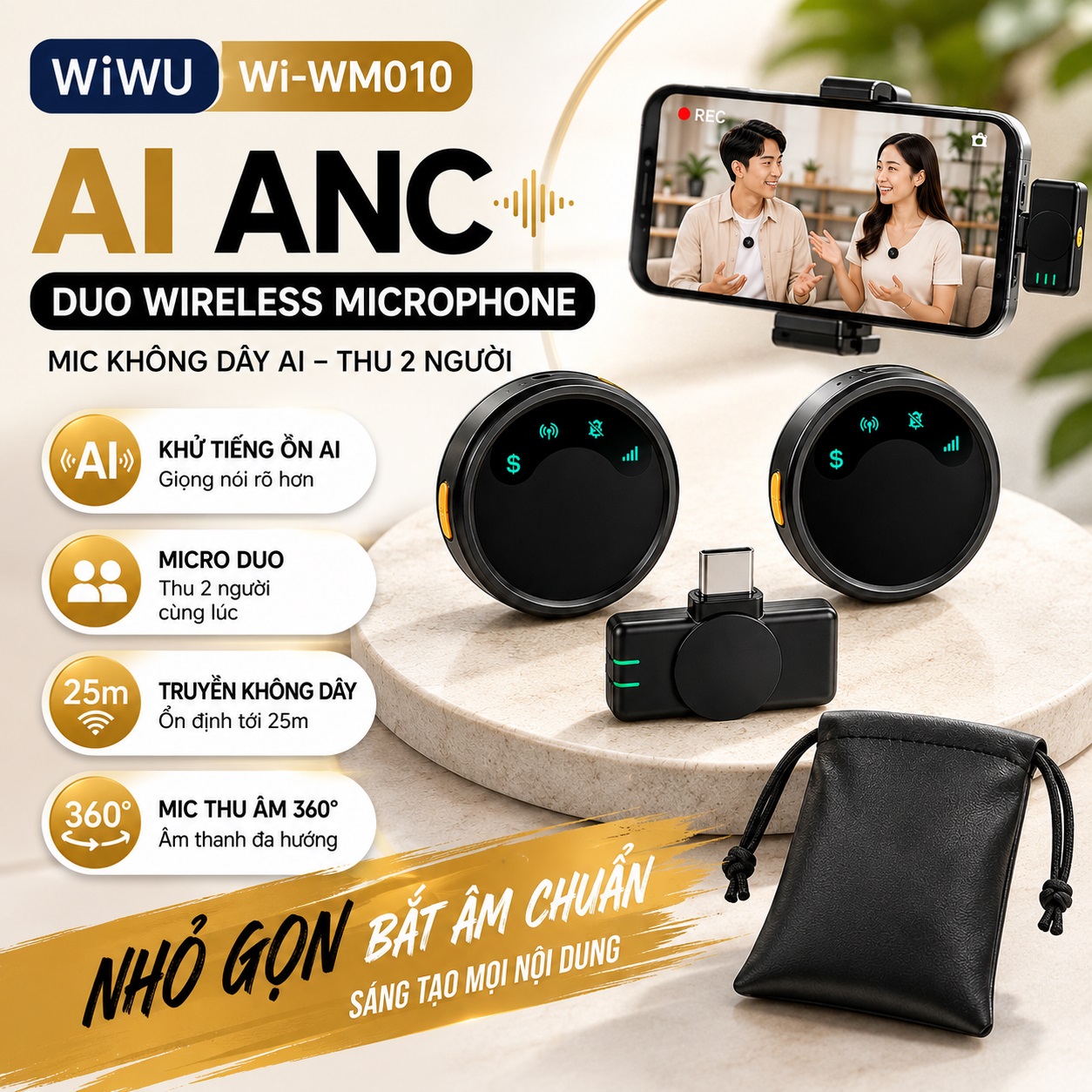 Micro thu âm không dây khử tiếng ồn AI ANC DUO WIWU Wi-WM010 – 2 MICRO THU ÂM 360° | KHỬ ỒN AI | TYPE-C cho iPhone Samsung - Hàng nhập khẩu