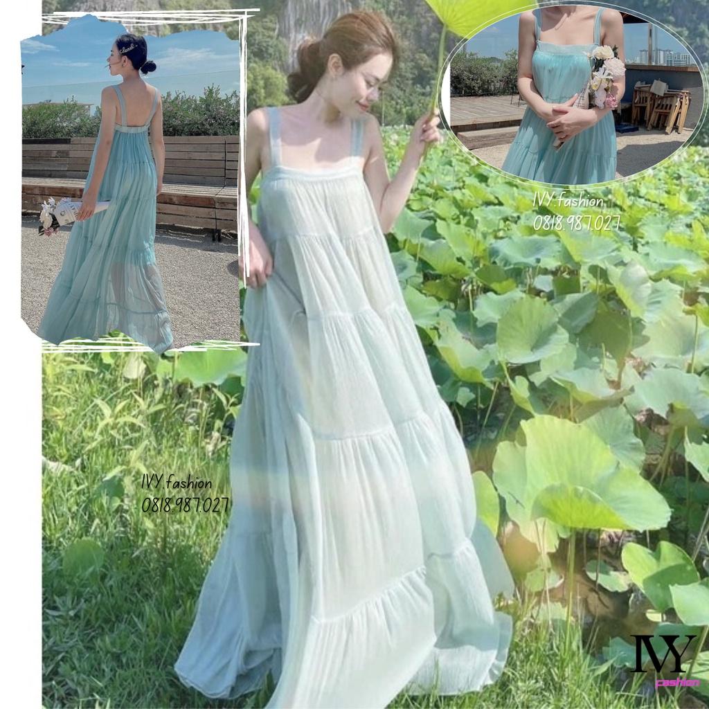 Đầm váy maxi suông dài tơ lót lụa 2 dây hở lưng tầng Ivy fashion đi biển dự tiệc dạo phố bigsize gợi cảm s