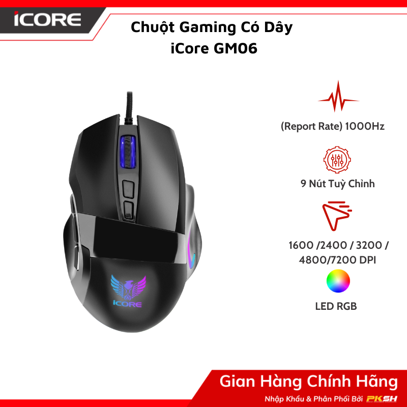 Chuột Gaming Có Dây iCore GM06 - 9 Nút Tuỳ Chỉnh, LED Rainbow, DPI 7200, Giá Rẻ - Hàng chính hãng