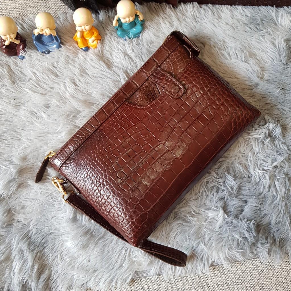 Ví Cầm Tay Cá Sấu | Ví Clutch Da Cá Sấu Da Bụng | Màu Nâu Cafe | Bảo Hành 24 Tháng.