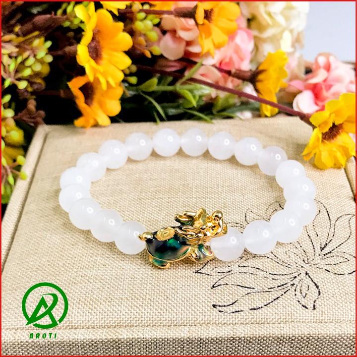 Vòng Phong Thủy Mệnh Kim_Thủy - Vòng Tay Nam Nữ Mã NãoTrắng Mix Long Quy Vàng Đổi Màu Độc Lạ 8mm V374-8