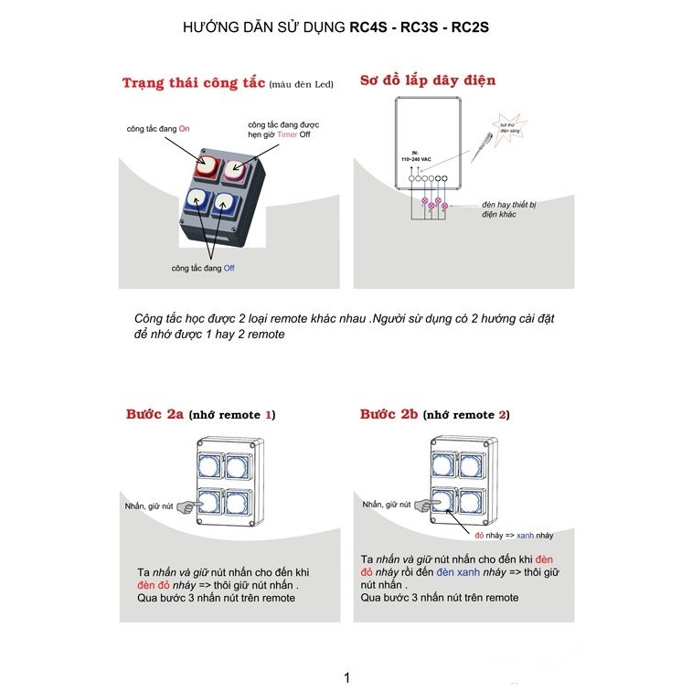 Công tắc điều khiển từ xa thông minh RC2S ( Tặng 02 nút kẹp cao su giữ đây điện cố định )