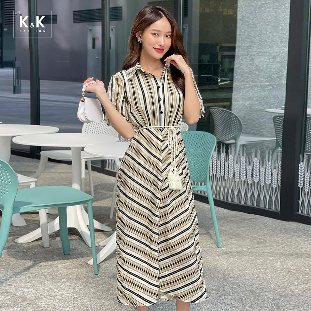 Đầm sơ mi công sở dáng xòe thắt eo K&amp;K Fashion KK150-18 Chất Liệu Linen Pure