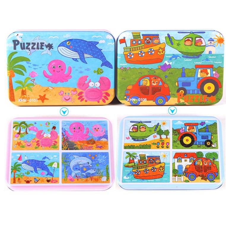 Đồ chơi bộ ghép hình Puzzle 4 cấp độ hộp sắt 9-12-15-20 miếng cho bé