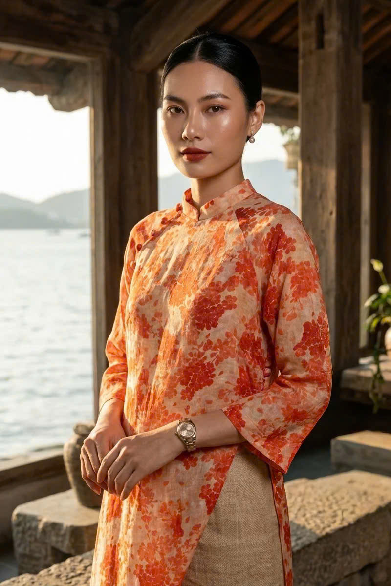 Áo Dài Suông Tay Raglan Vải Gai Xanh Ramie Hoa ADA001 thời trang thiết kế Hity