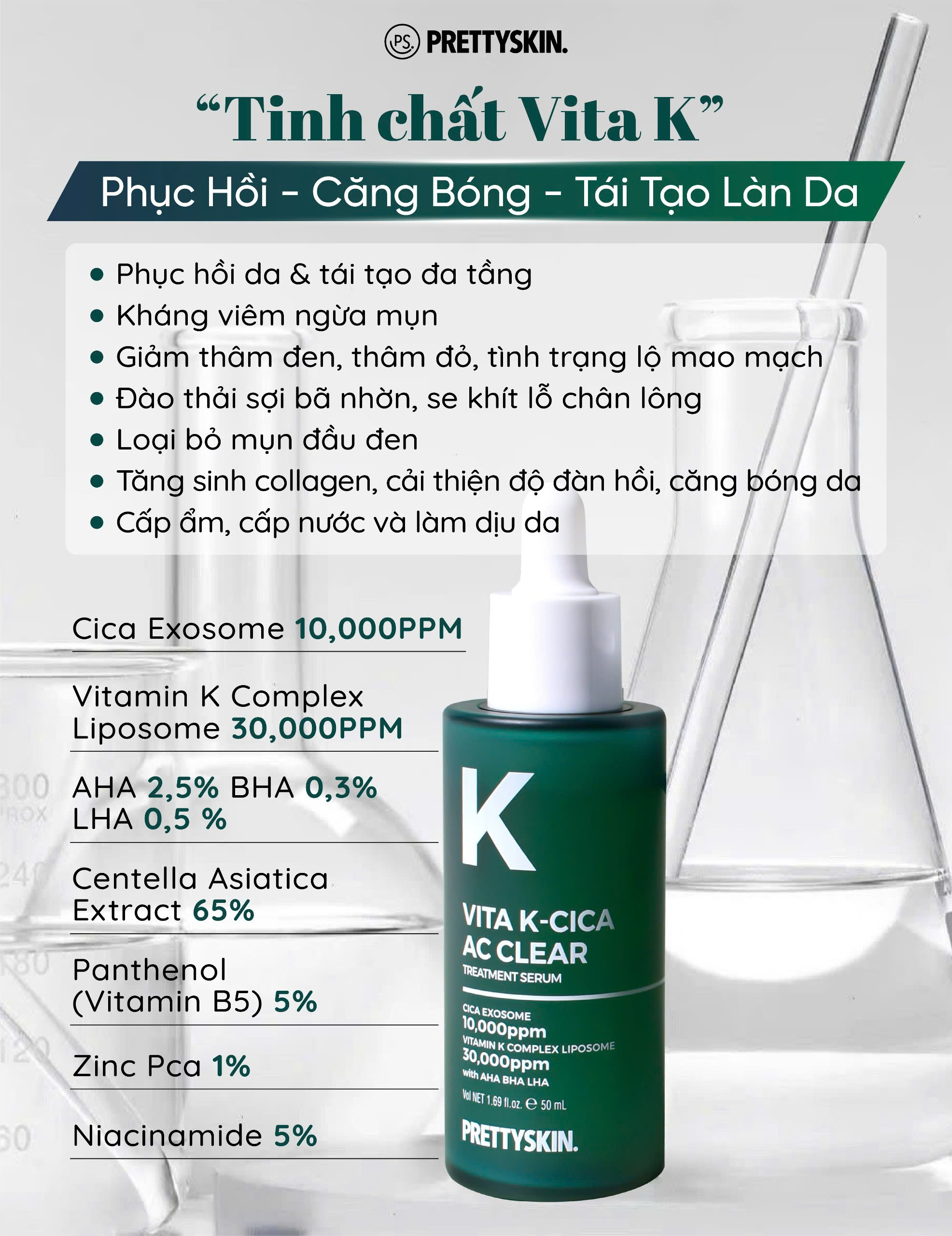 Serum hỗ trợ ngừa mụn Vita K - Cica Ac Clear Pretty Skin phục hồi - căng bóng - tái tạo làn da 50ml