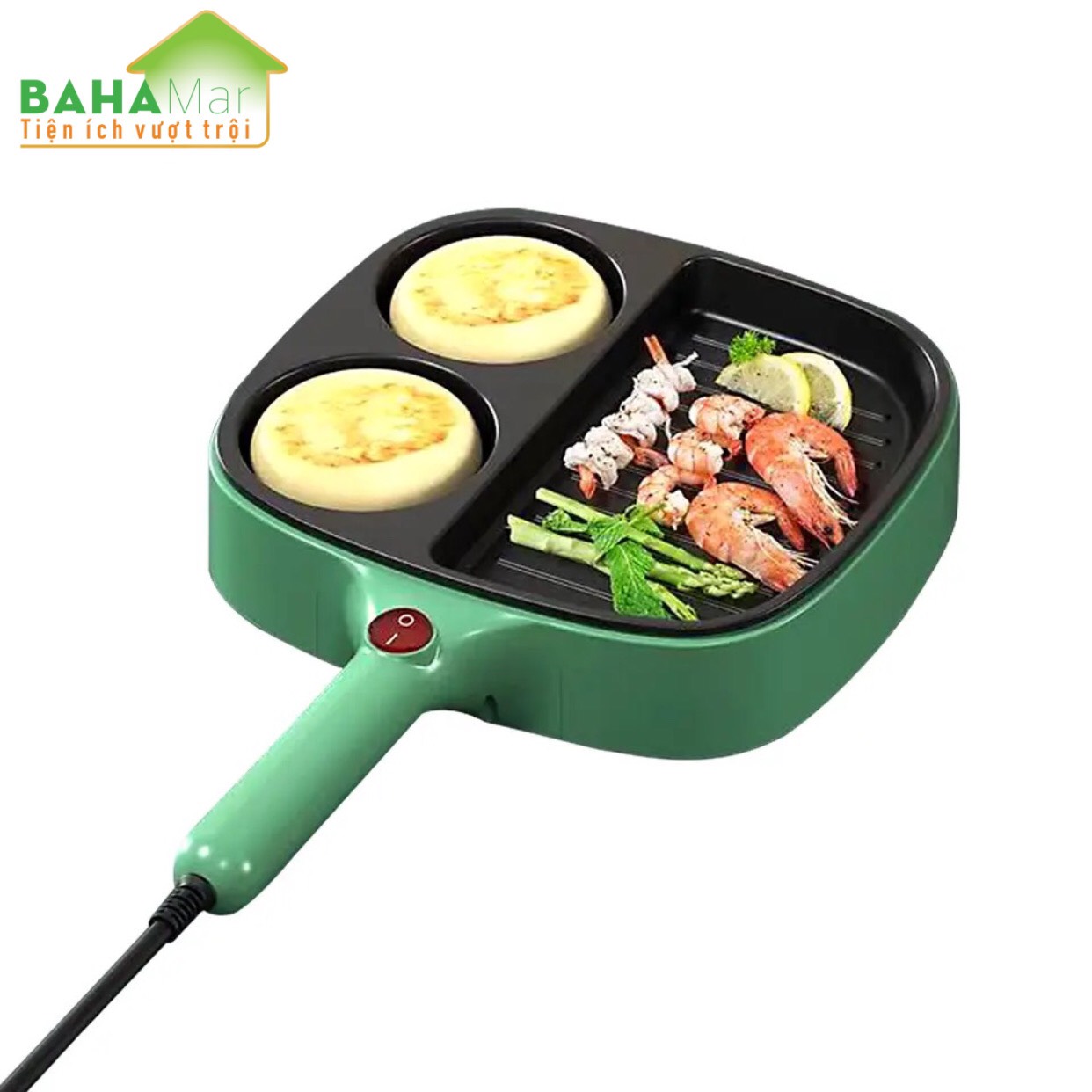 CHẢO ĐÁ ĐIỆN MINI CHỐNG DÍNH CHIA 3 NGĂN TIỆN SỬ DỤNG CHO BẾP "BAHAMAR" Chảo chia 3 ngăn, 2 ngăn tròn làm bánh, ngăn to dùng chiên, xào tiện lợi.