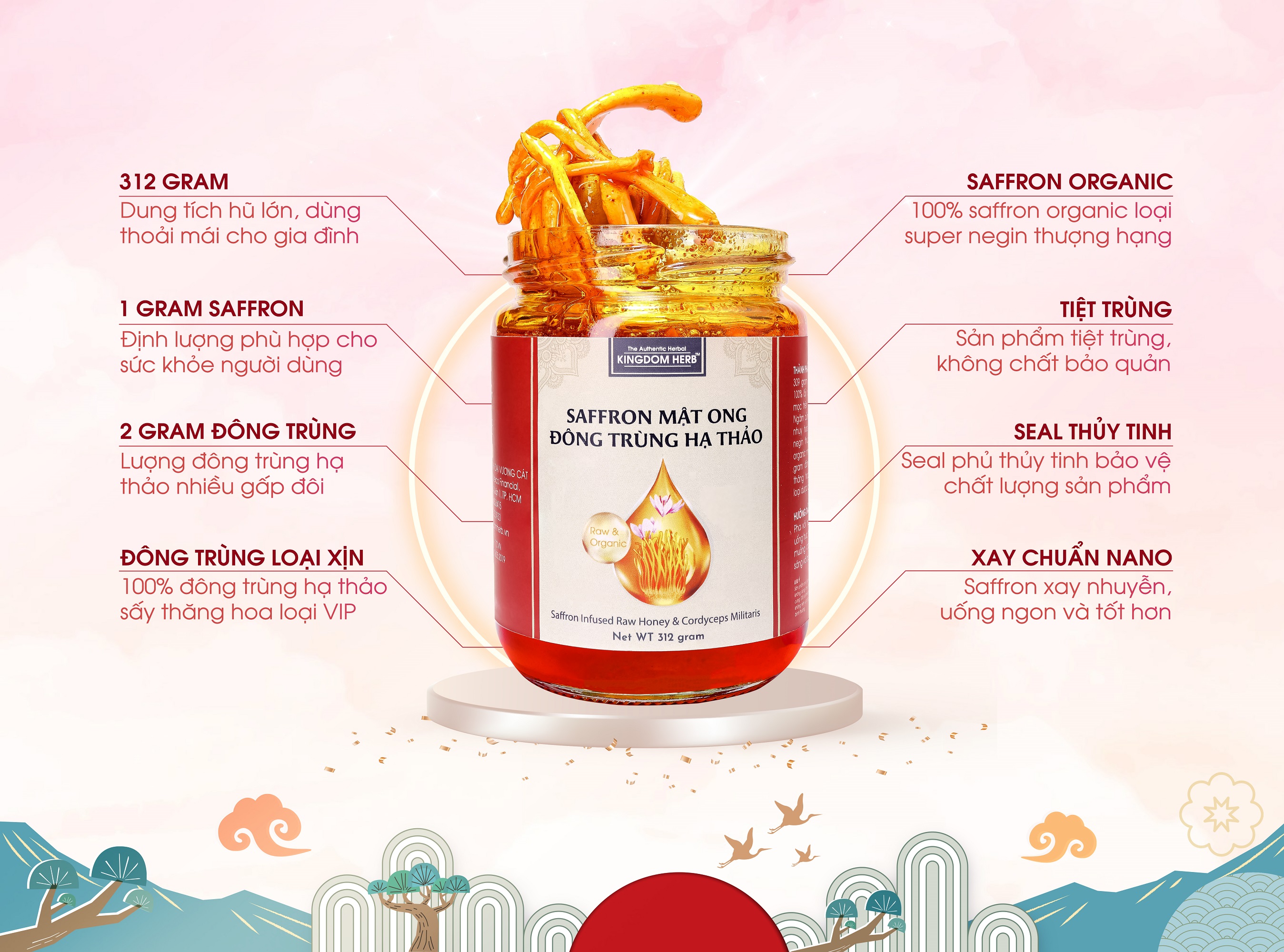 Saffron mật ong đông trùng hạ thảo Kingdom Herb chính hãng thượng hạng hộp 312g (tặng bình thuỷ tinh và cây lấy mật)