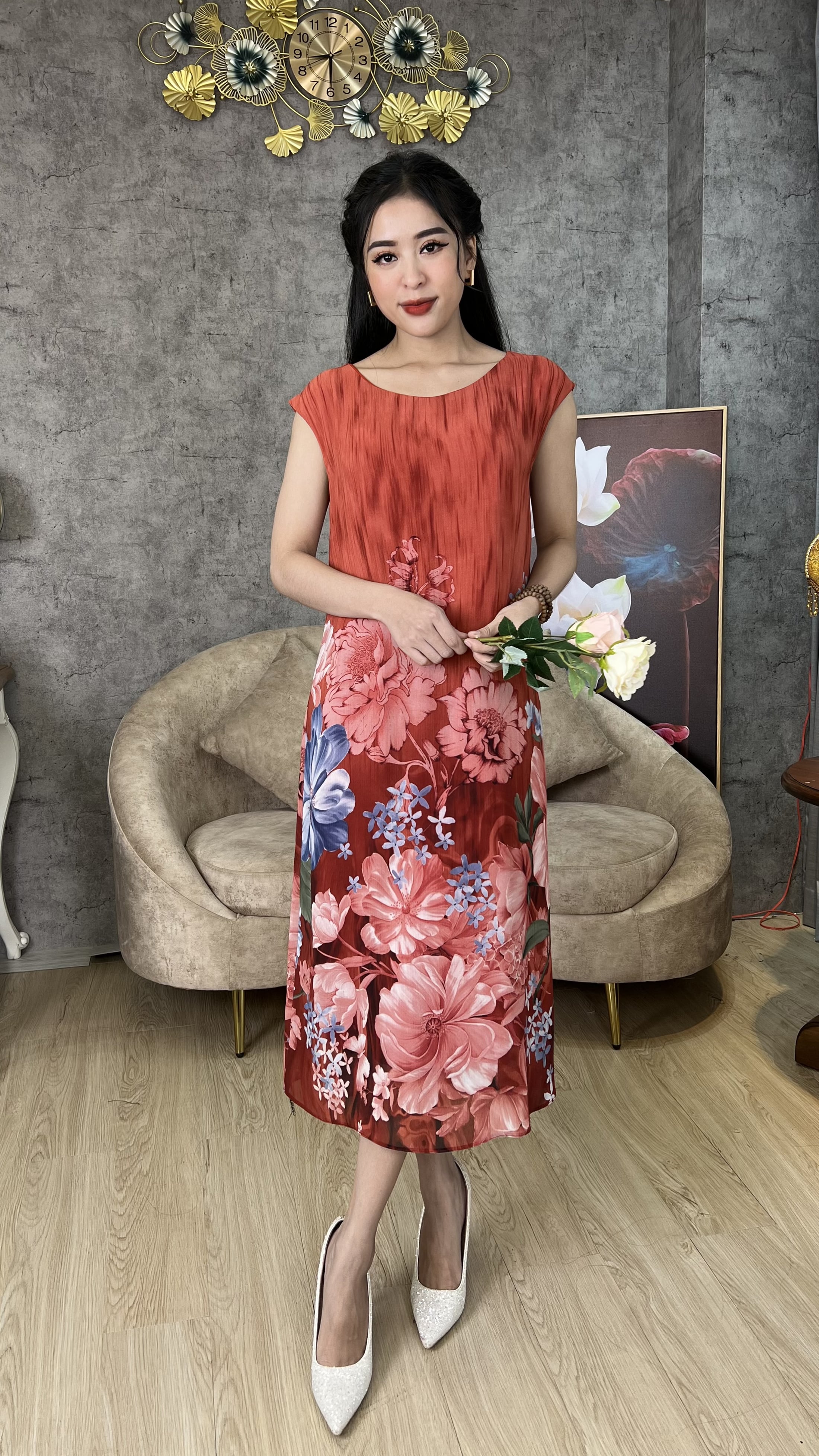 Đầm Trung Niên Sang Trọng [ Linh Trà ] (TM 612) Cao Cấp Vải Voan Hàn Thoải Mái Quý Phái Dễ Mặc Bigsize Trang Nhã
