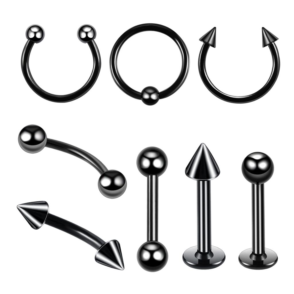8 Pieces Black Nose Lip Tongue Studs Eyebrow Tragus Ring Piercings 16g 6mm