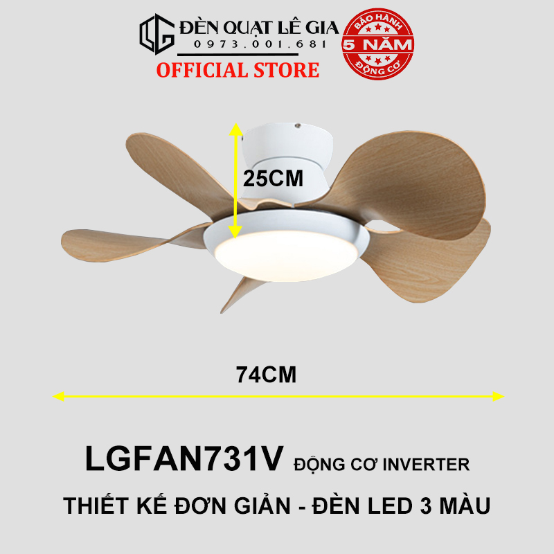 Quạt Trần Mini Có Đèn LÊ GIA LGFAN731V - Chiều Cao 25cm - Sải Cánh 74cm - Bảo Hành 5 Năm