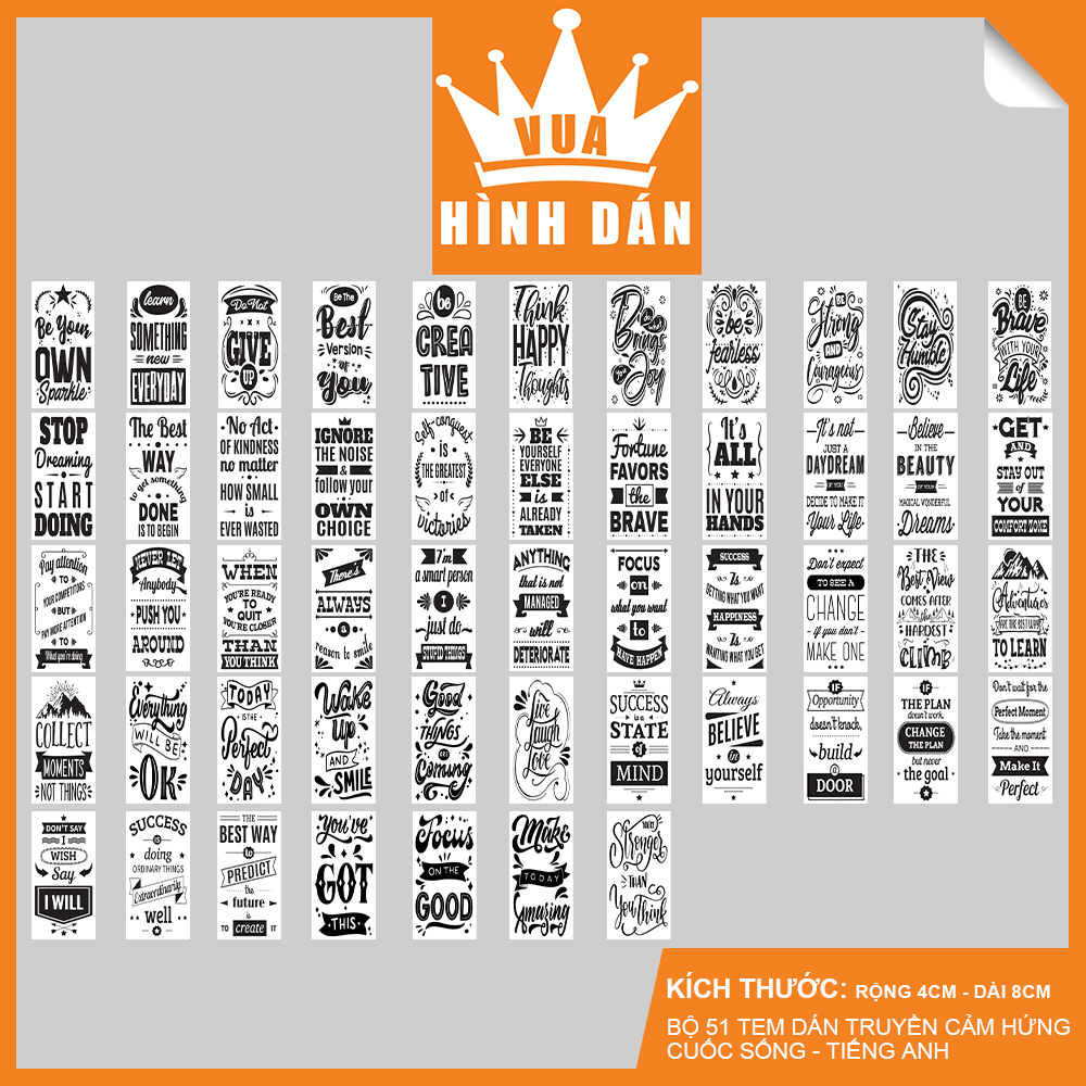 Set 50 deal sticker decal 50 câu nói truyền cảm hứng lạc quan trong cuộc sống bằng Tiếng Anh