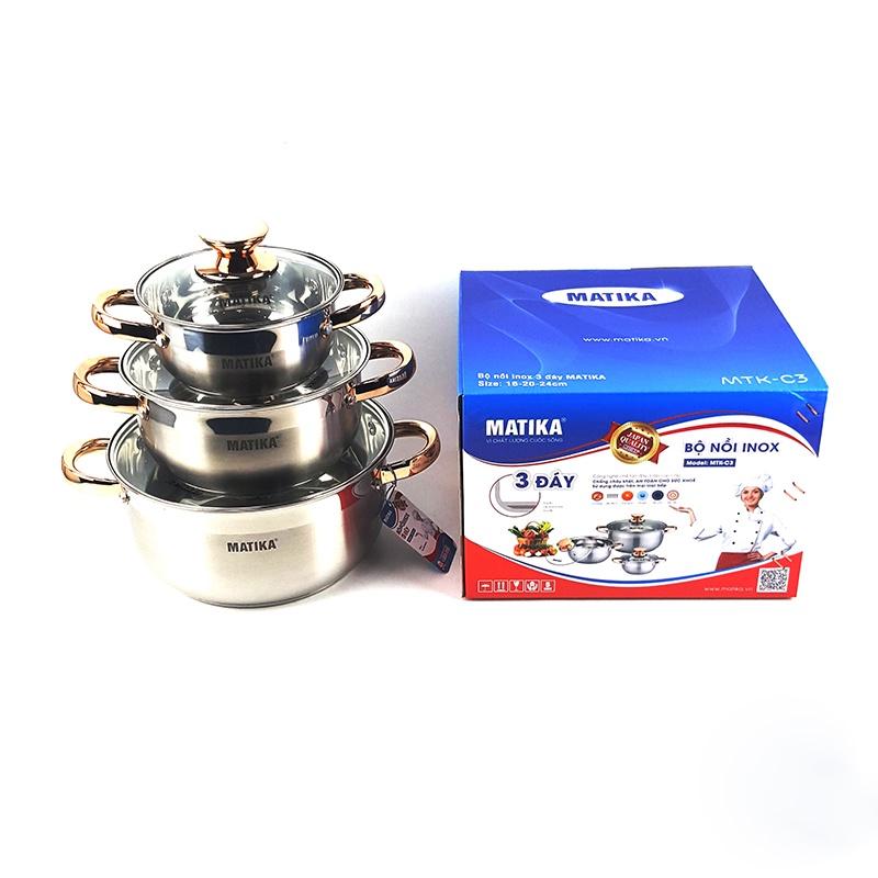 Bộ Nồi Inox 3 Đáy MATIKA MTK-C3 16, 20, 24 cm, Hàng Chính Hãng