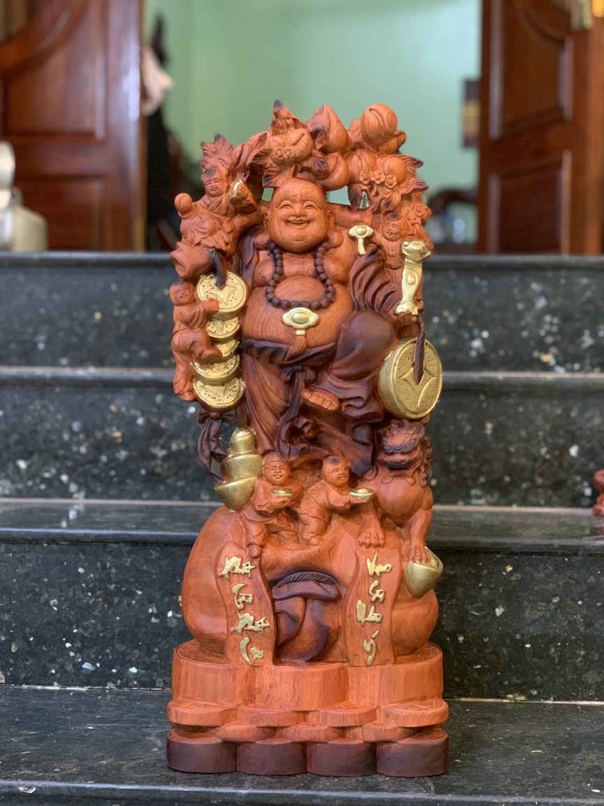 Tượng phật di lặc ngũ phúc bằng gỗ hương đá ,Tô làm mầu giả cổ kt 60×24×14cm